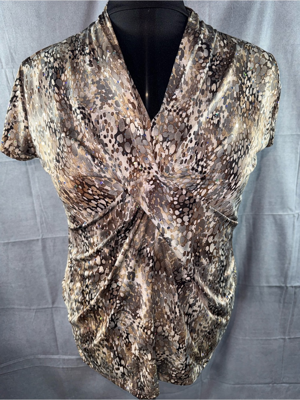 3047-dressbarn Brown & Cream Printed Twist-Front Blouse